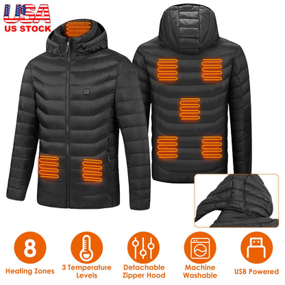 Heated Jacket with 8 Heating Zones & Detachable Hood