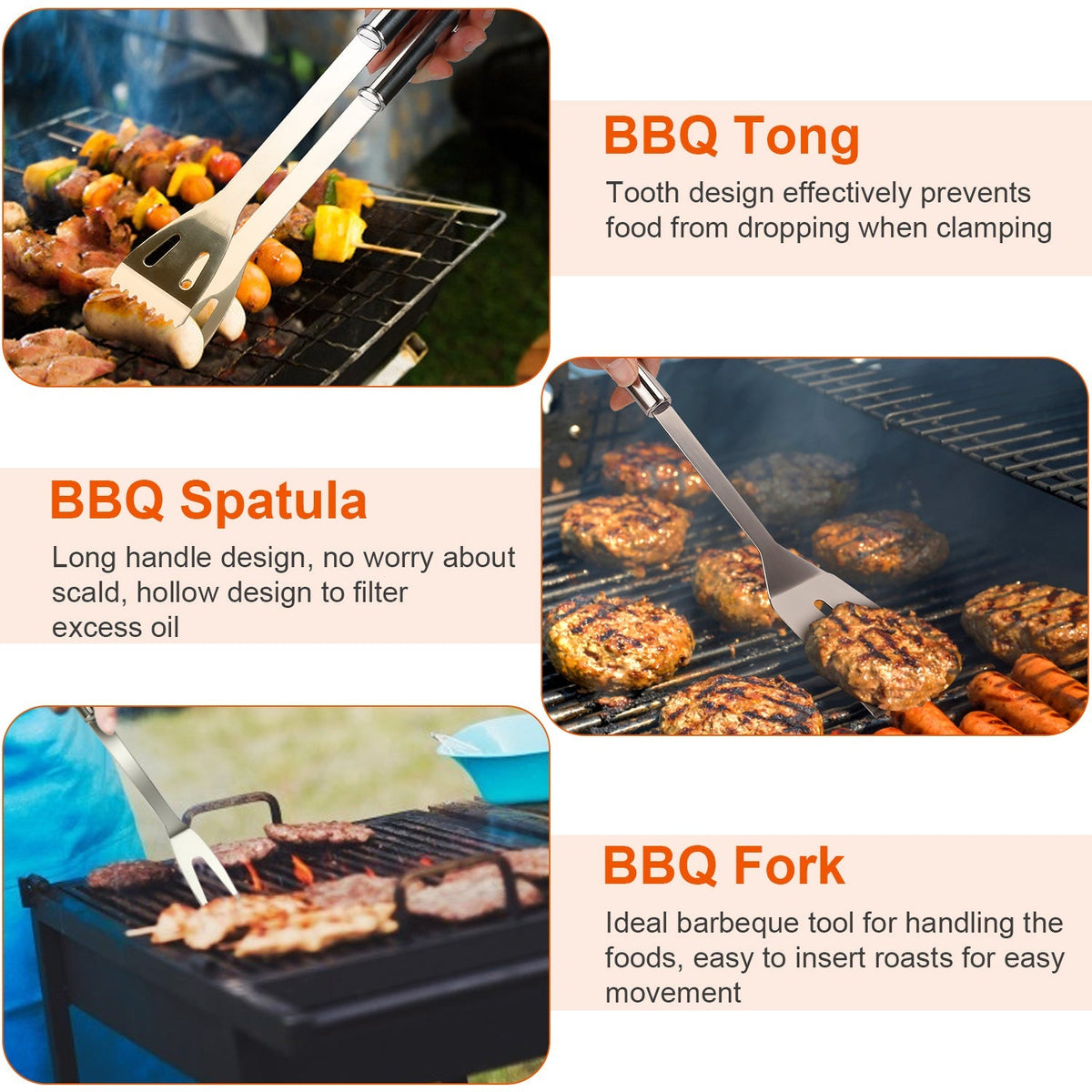 Stainless Steel BBQ Grill Tool Kit Grilling Utensil Accessories w/ Spatula Tongs Fork Knife_x000B__x000B_Brush Pepper Salt Shaker Bottle Grilled Skewers Corn Need