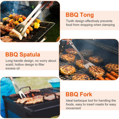 Stainless Steel BBQ Grill Tool Kit Grilling Utensil Accessories w/ Spatula Tongs Fork Knife_x000B__x000B_Brush Pepper Salt Shaker Bottle Grilled Skewers Corn Need