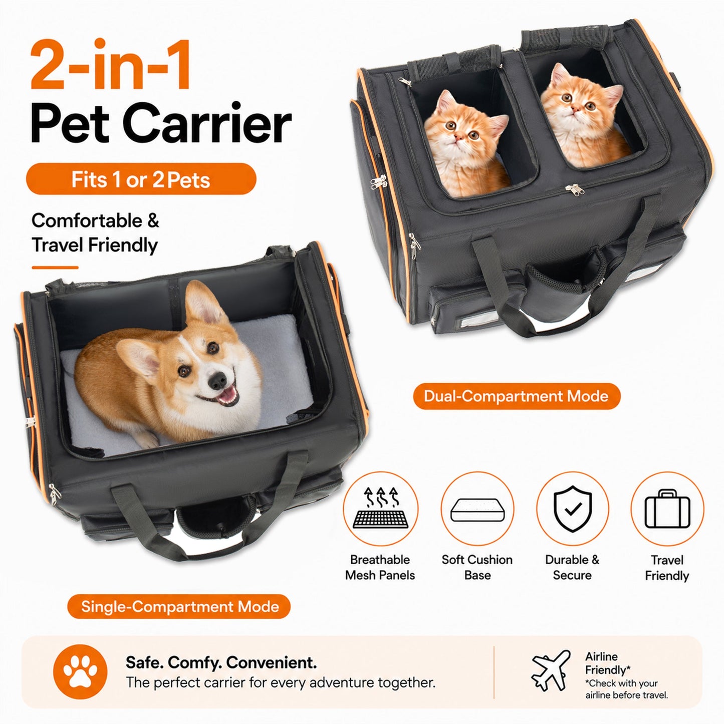 2 in 1 Large Cat Carrier for 2 Cats with Rolling Wheels and Expandable Design