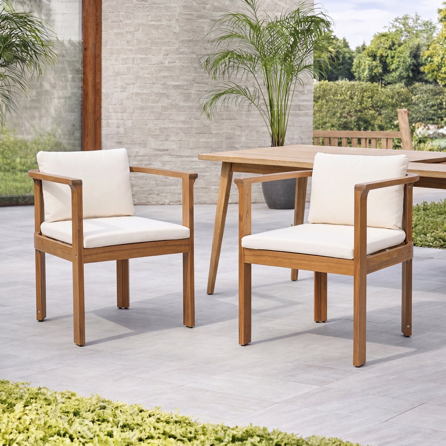 Outdoor Dining Chair Set of 2 with Curved Acacia Wood Arms