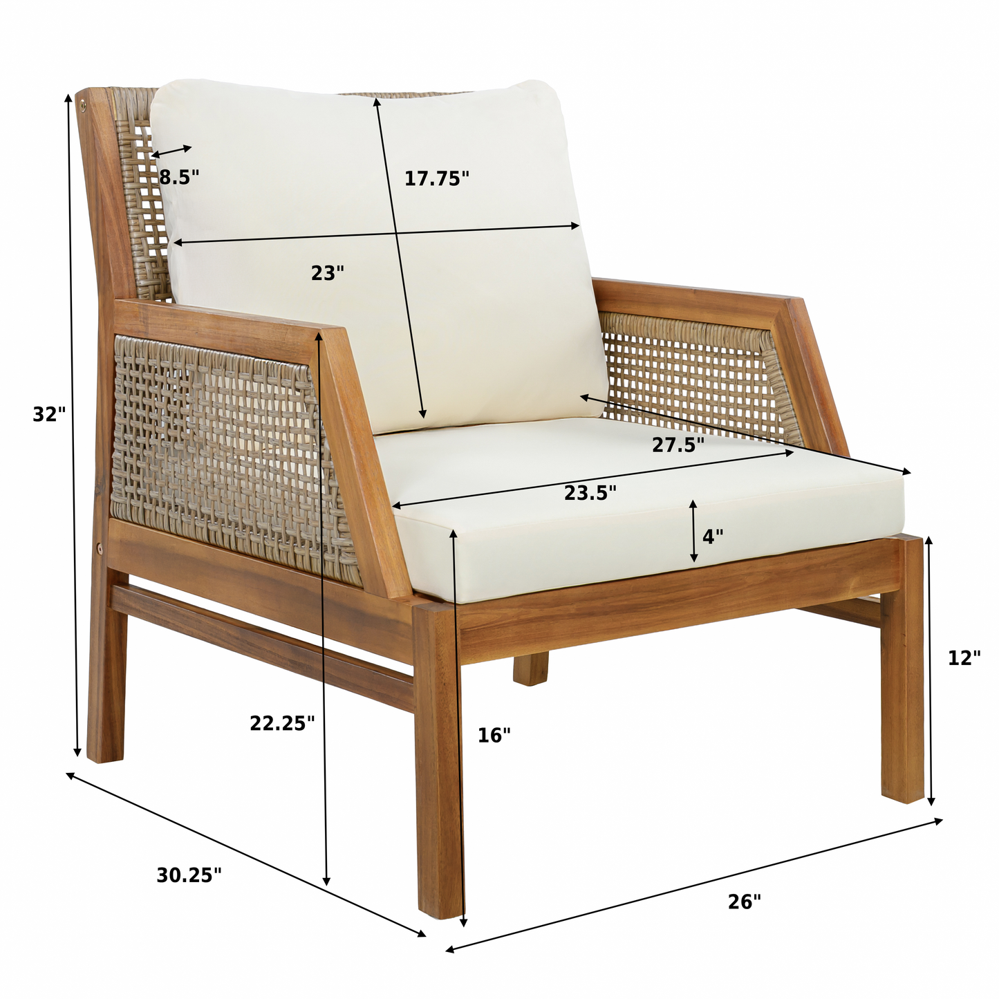 Acacia Wood Patio Furniture Club Chair with Outdoor Wicker