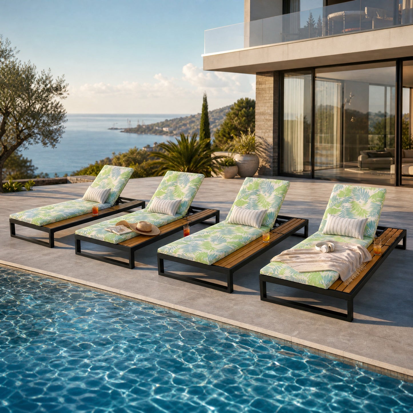 Black Iron & Teak Finish Chaise Lounge Set