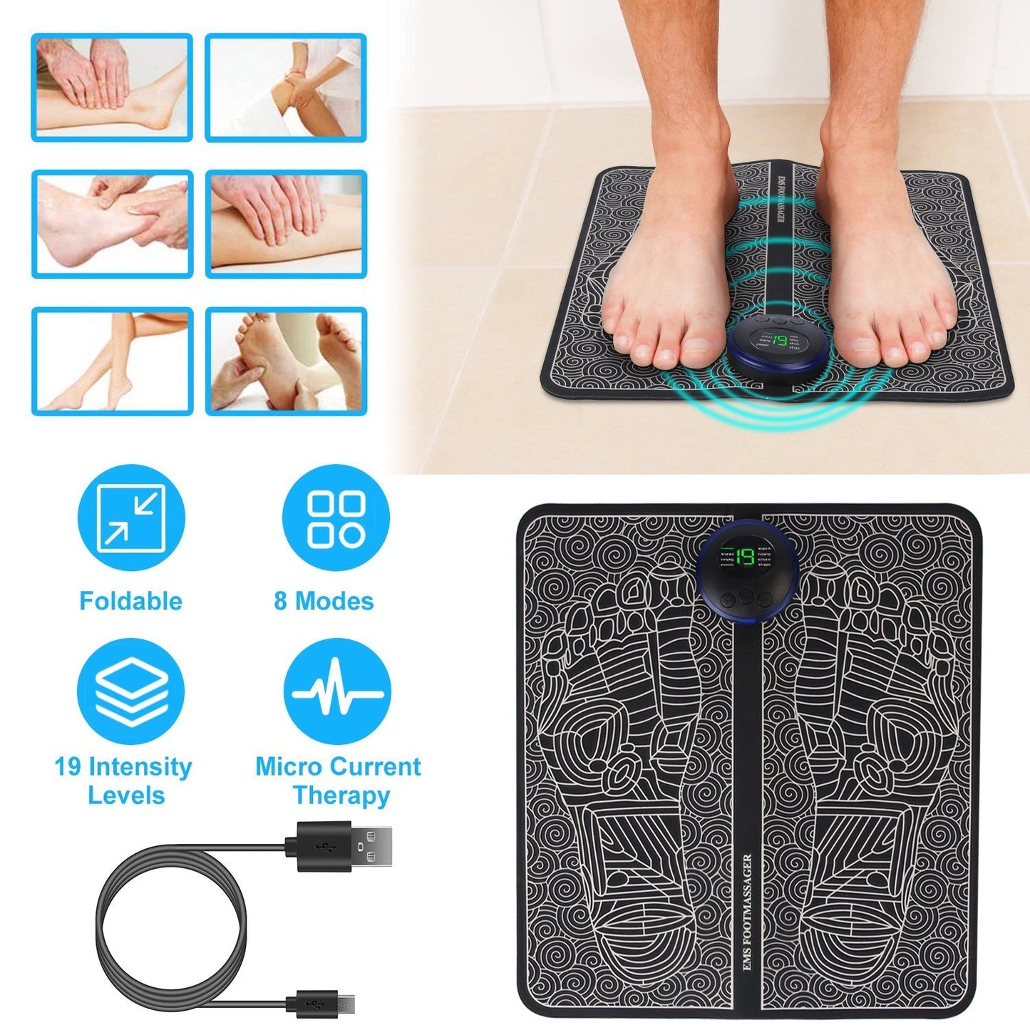 Foot Massage Pad Electric Stimulator Massager Unit Leg Reshaping Muscle Pain Relax Foldable Massage Mat with 8 Modes 19 Intensity Levels Remote Contro