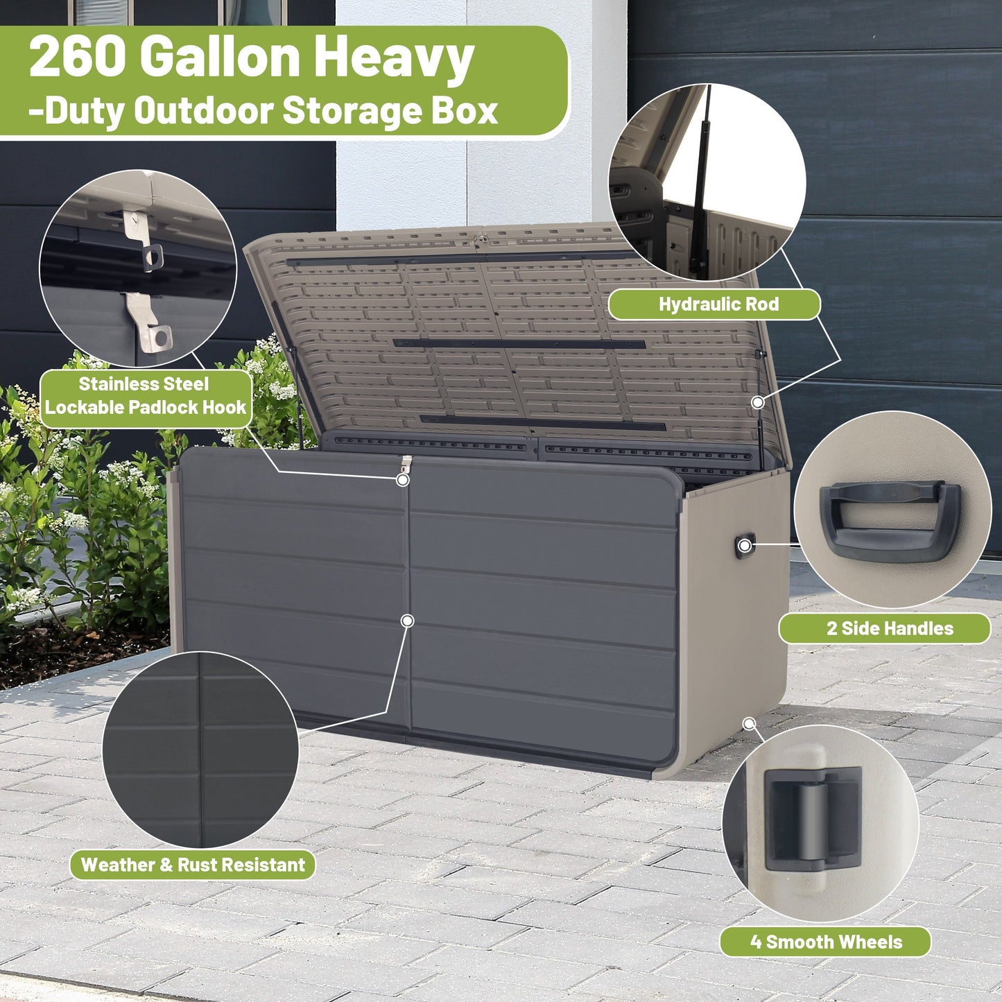260 Gallon Plastic Deck Box with Lock and Wheels