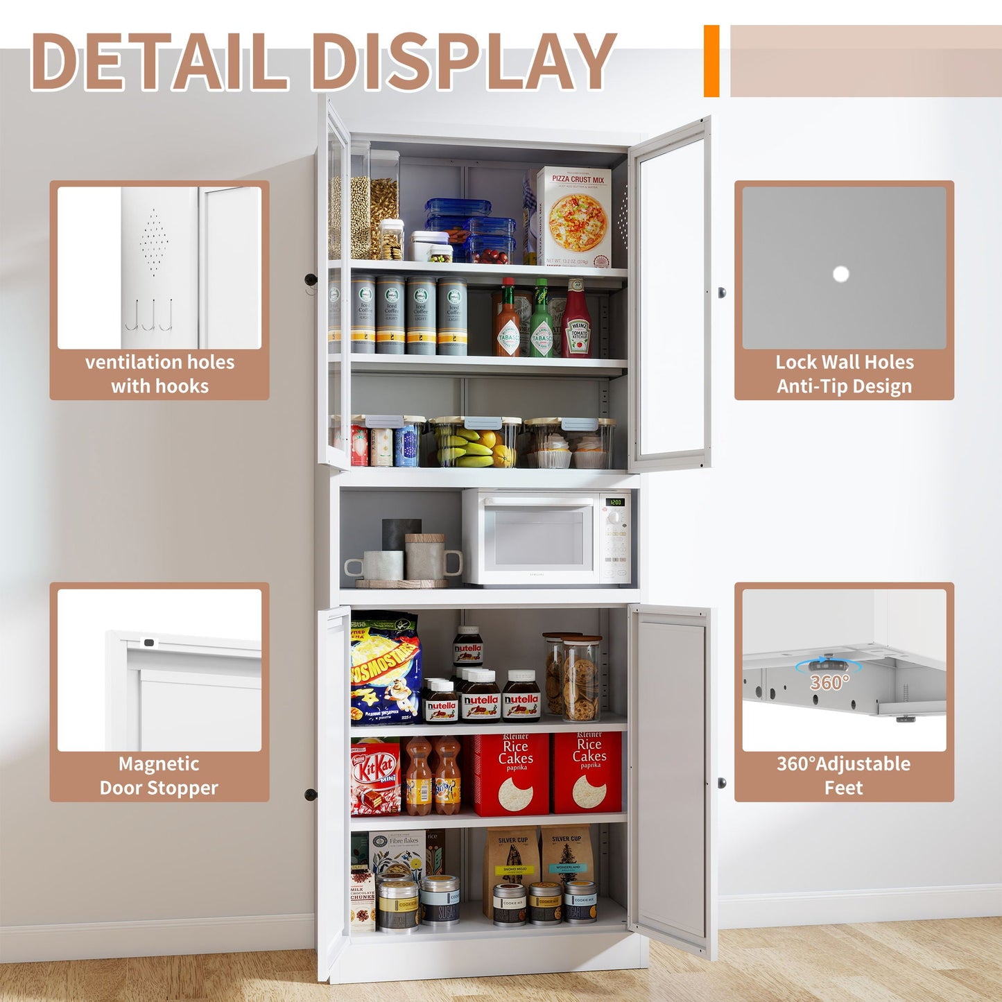 Kitchen Pantry Cabinet Tall Storage With Adjustable Shelves, Heavy Duty Stainless Steel Frame - White