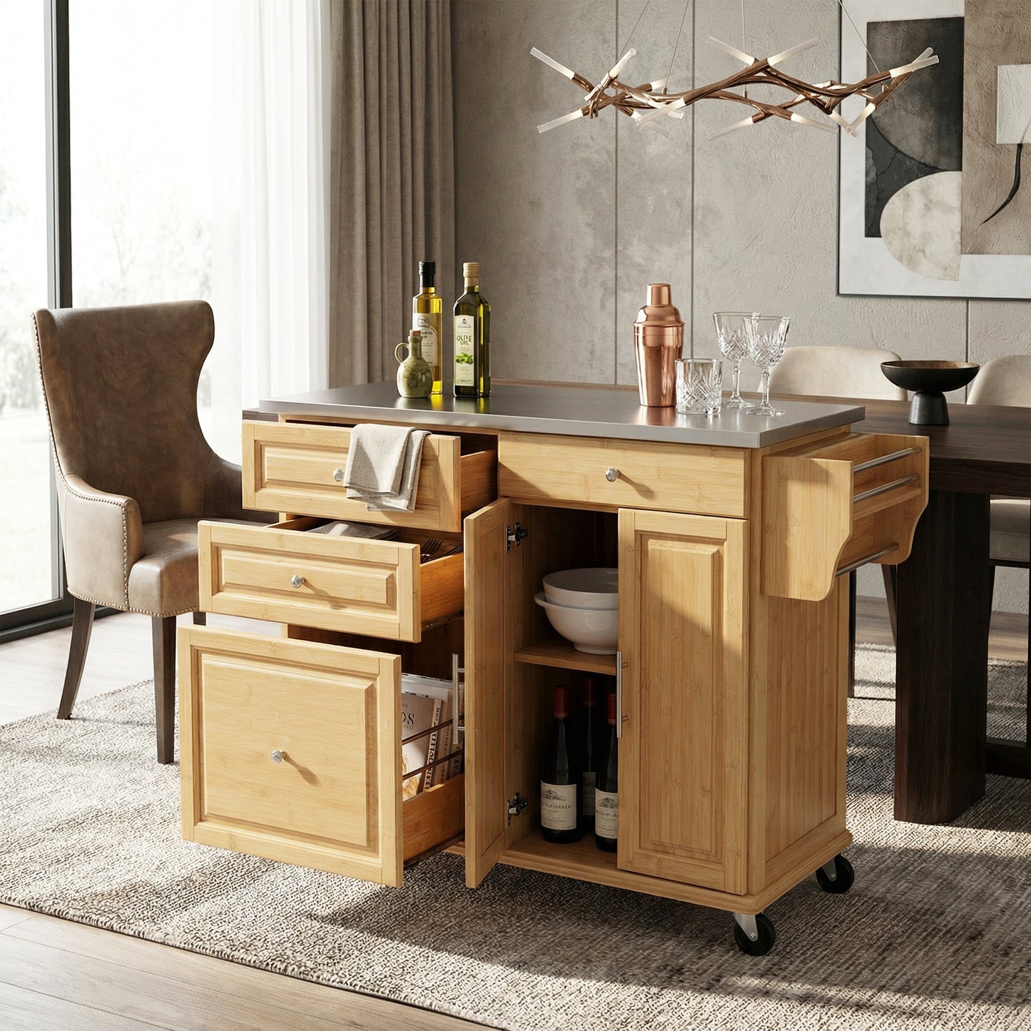 Indoor Bamboo Rolling Kitchen Island with Stainless Steel Top