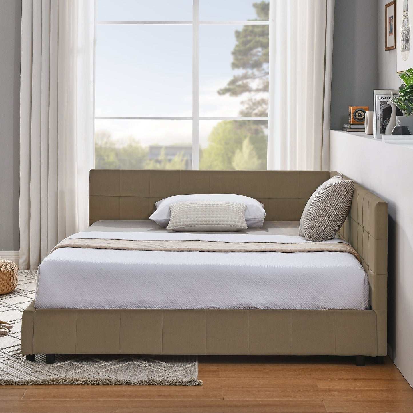 Upholstered Bed Frame With Tufted Backrest And Armrests