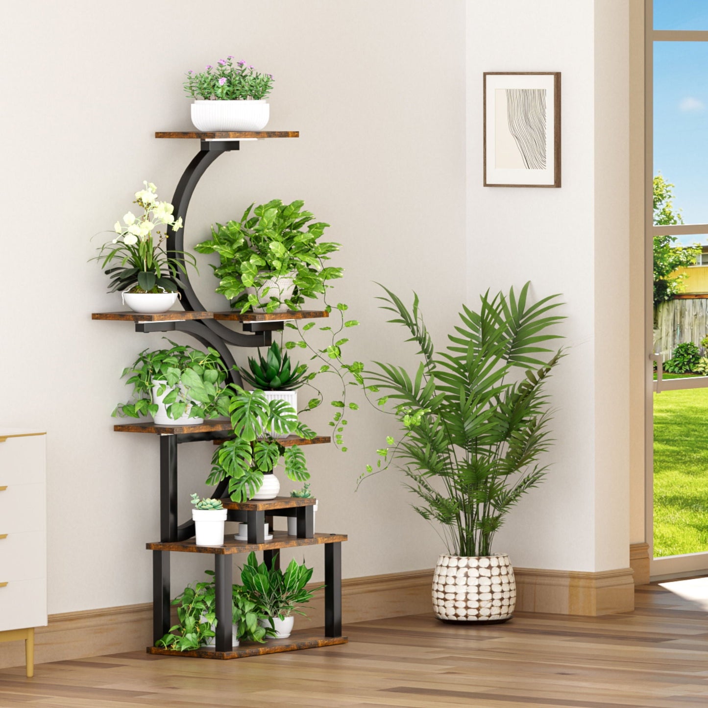 8 Tier Indoor Plant Stand With 5 Grow Lights For Living Room - Rustic Brown