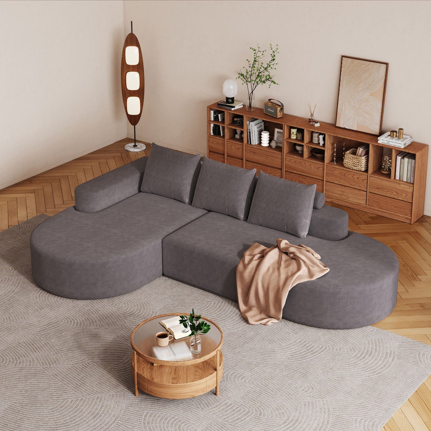 Modern Curved Sofa, L-Shaped Modular Sectional Set With 3 Pillows