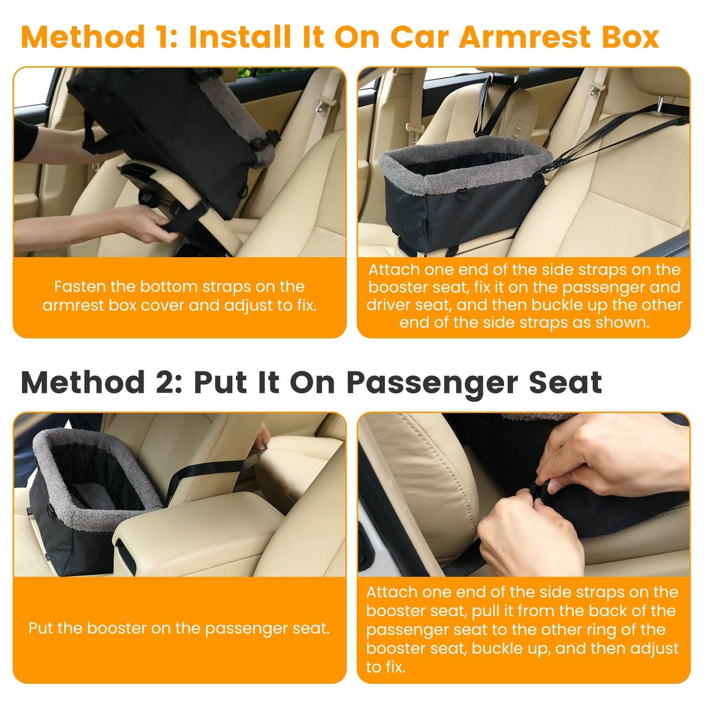 Small Dog Car Seat with Harness Center Console Pet Booster Seat Travel Car Seat with Side Pocket Cotton Velvet Cushion for Dogs Cats Up to 9LBS