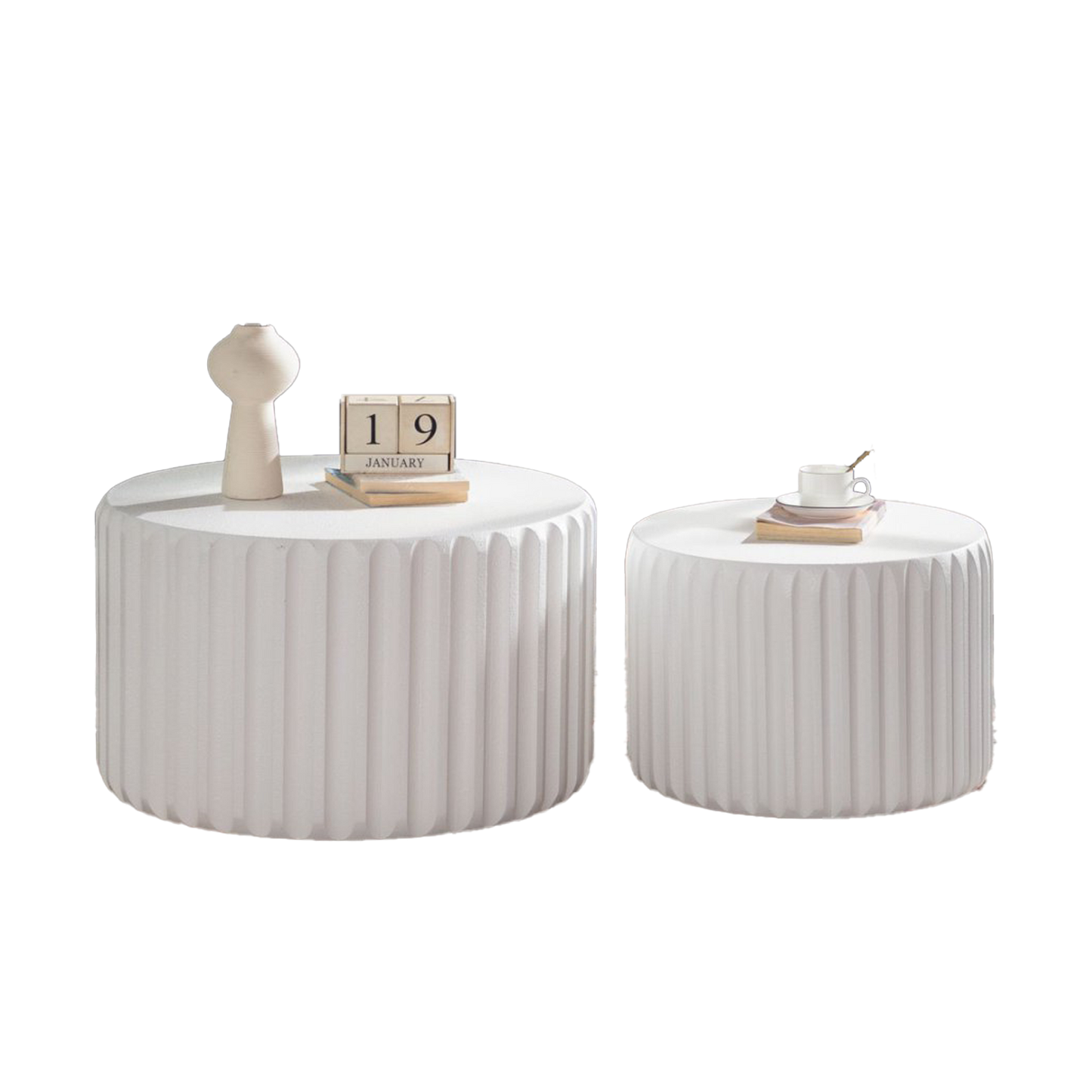 White Scalloped Round Coffee Table Set: Nesting Design, Elegant Curved-Edge Shape