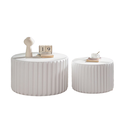 White Scalloped Round Coffee Table Set: Nesting Design, Elegant Curved-Edge Shape