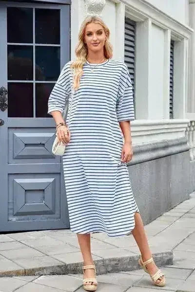 Lovelet Contrast Striped Half Sleeve Midi Tee Dress