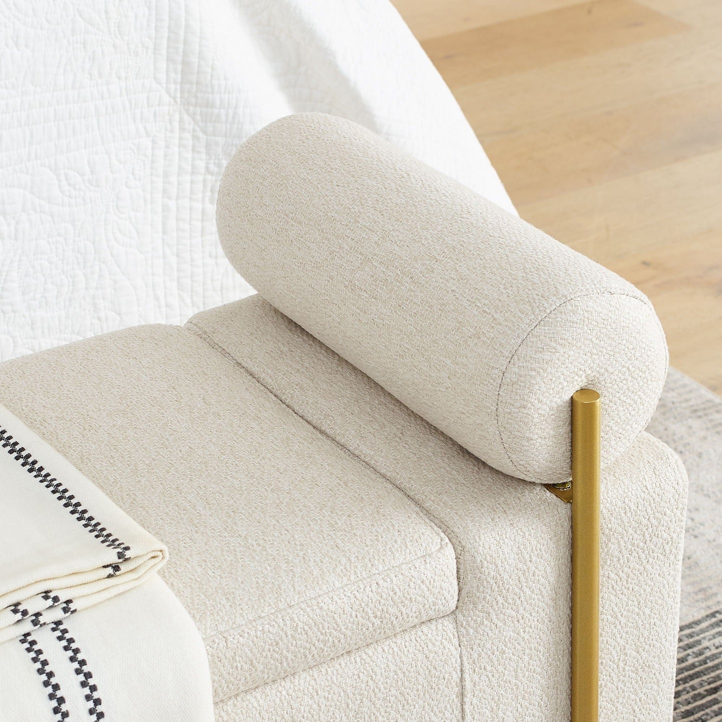 Elegant Upholstered Storage Bench With Cylindrical Arms And Iron Legs,