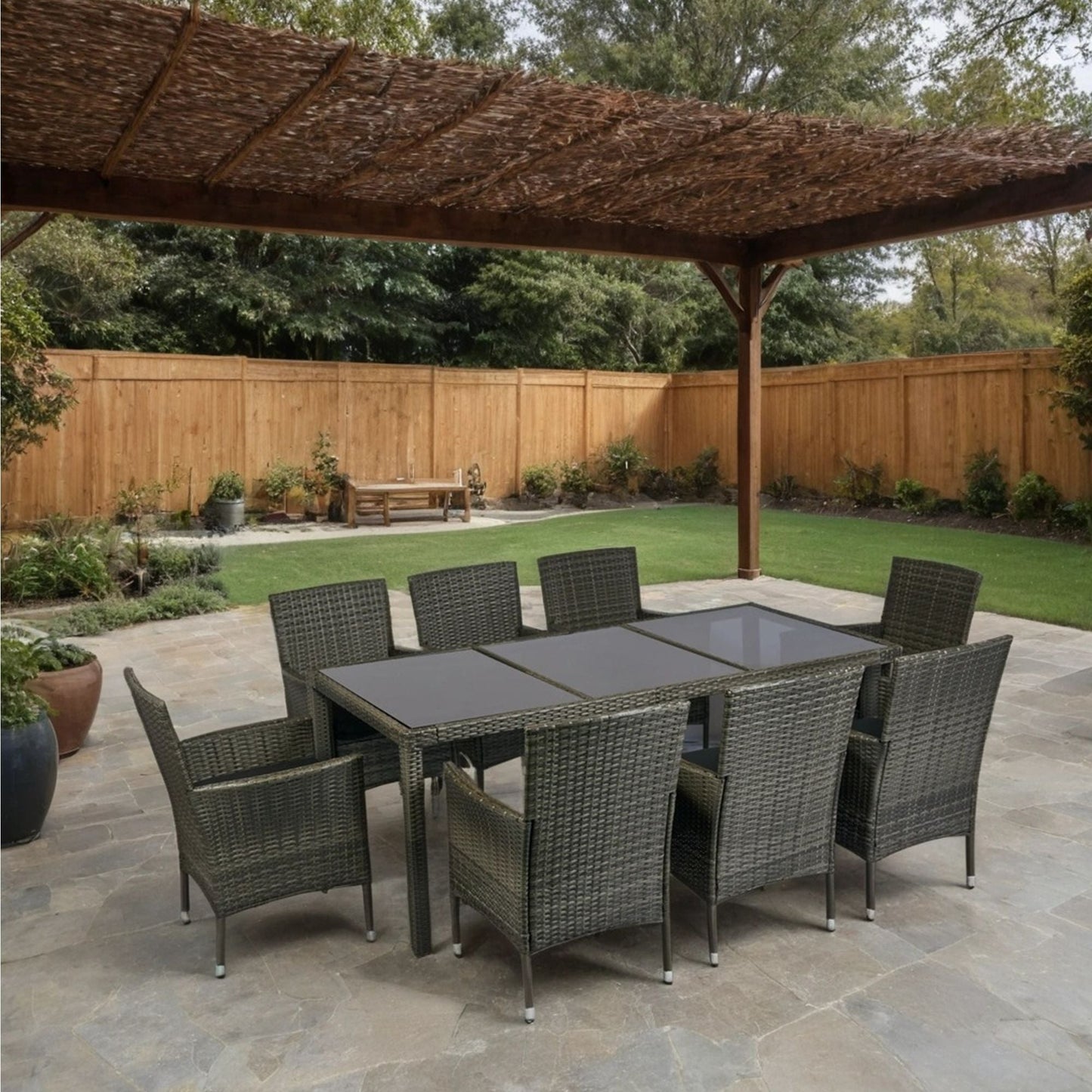 9 Piece Outdoor Patio Wicker Dining Set Patio Wicker Furniture Dining Set Glass Top - Gray / Black