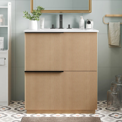 Fluted Bathroom Vanity With Ceramic Sink and Soft-Close Slides