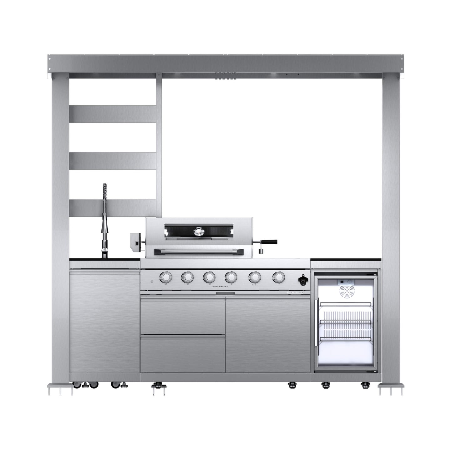 Castelle Flame Amalfi 97-Inch 4-Burner 72K BTU LP Outdoor Kitchen Grill Island With Wine Cooler, Rotisserie, Cabinets, And Granite Countertops (SAK70319)