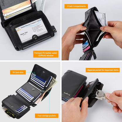 MenÕs Leather Wallet ID Card Holder Purse Trifold Clutch Money Zipper with ID Window_x000B__x000B_14 Credit Card 1 ID Card