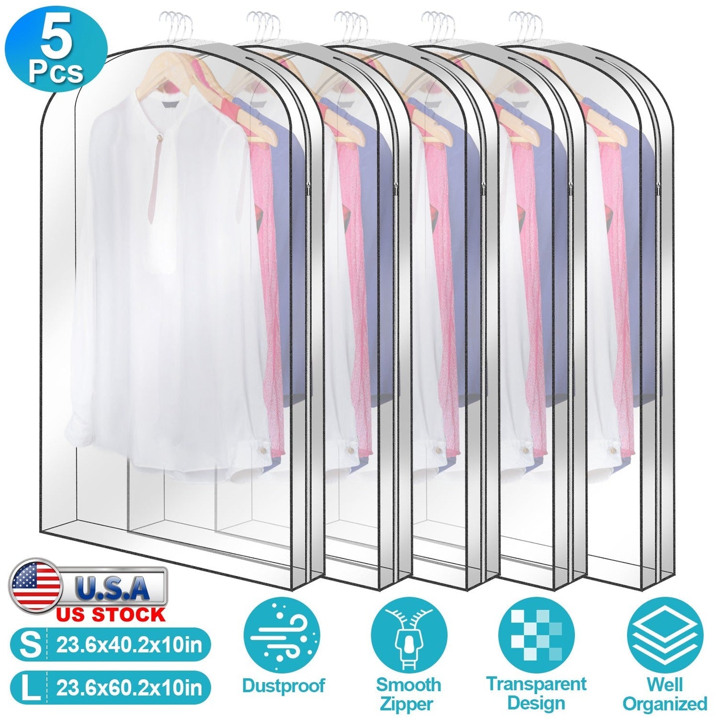 5 Pack 40In Garment Bag for Hanging Clothes Dustproof Waterproof Hanging Clothes Storage Bag Clear Transparent Suits Cover for Sweater Jacket Coat Dre