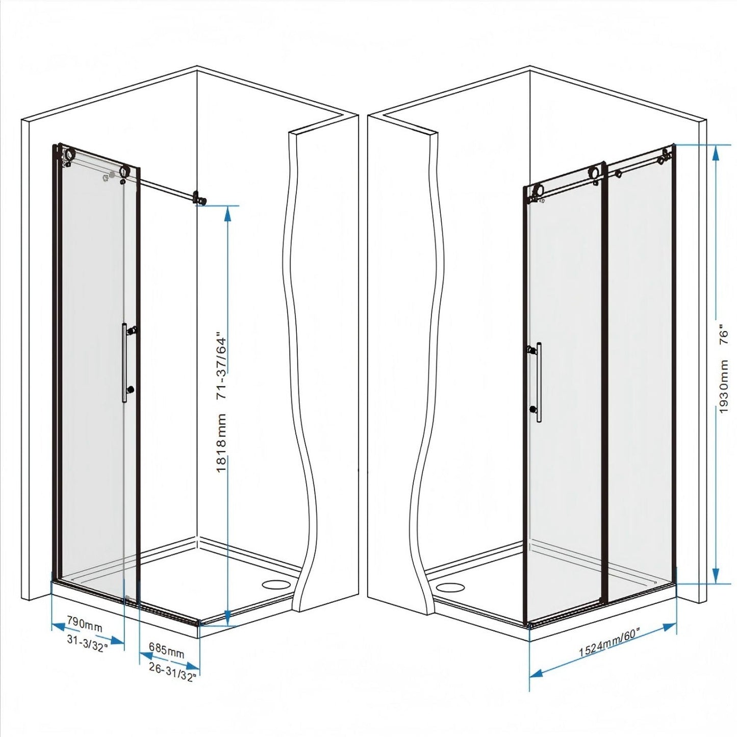 Frameless Shower Door, Smooth Sliding Tracks