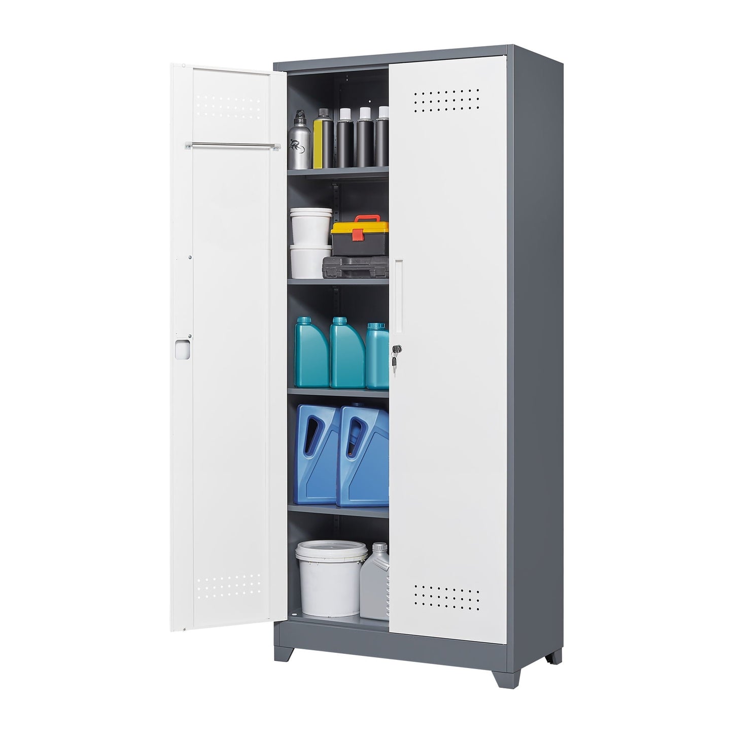 Lockers With Locking Doors, Adjustable Shelves, High Broom Tool Storage Cabinet