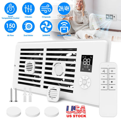 Register Booster Fan Smart AC Vent Booster Fan Fits 4" x 10" Register Holes with 3 Modes 10 Speeds 2H/4H Timer LCD Screen 2 Scent Diffuser Slots Remot