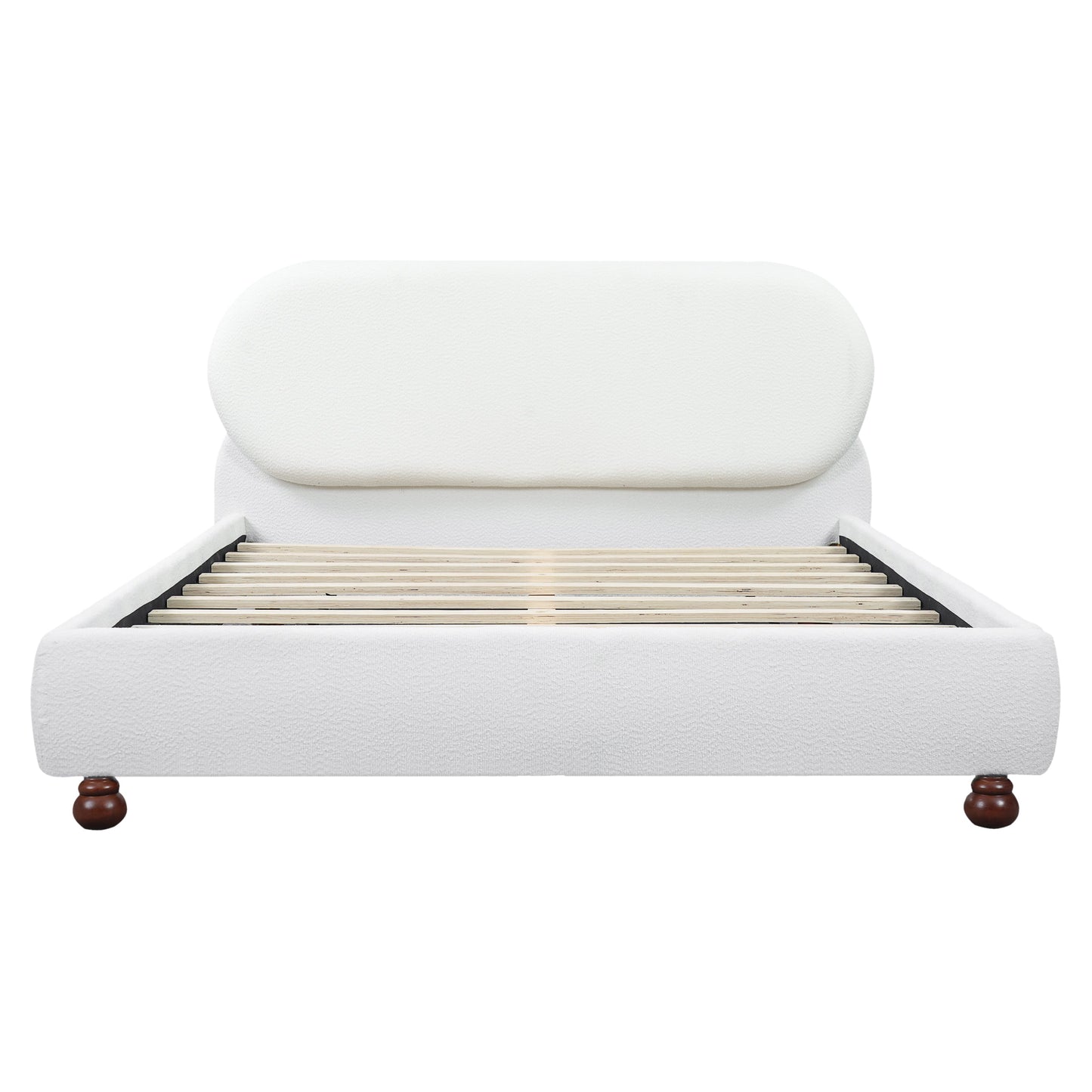 Cream-colored Boucle Upholstered Bed with Rubber Wood Foot, Queen