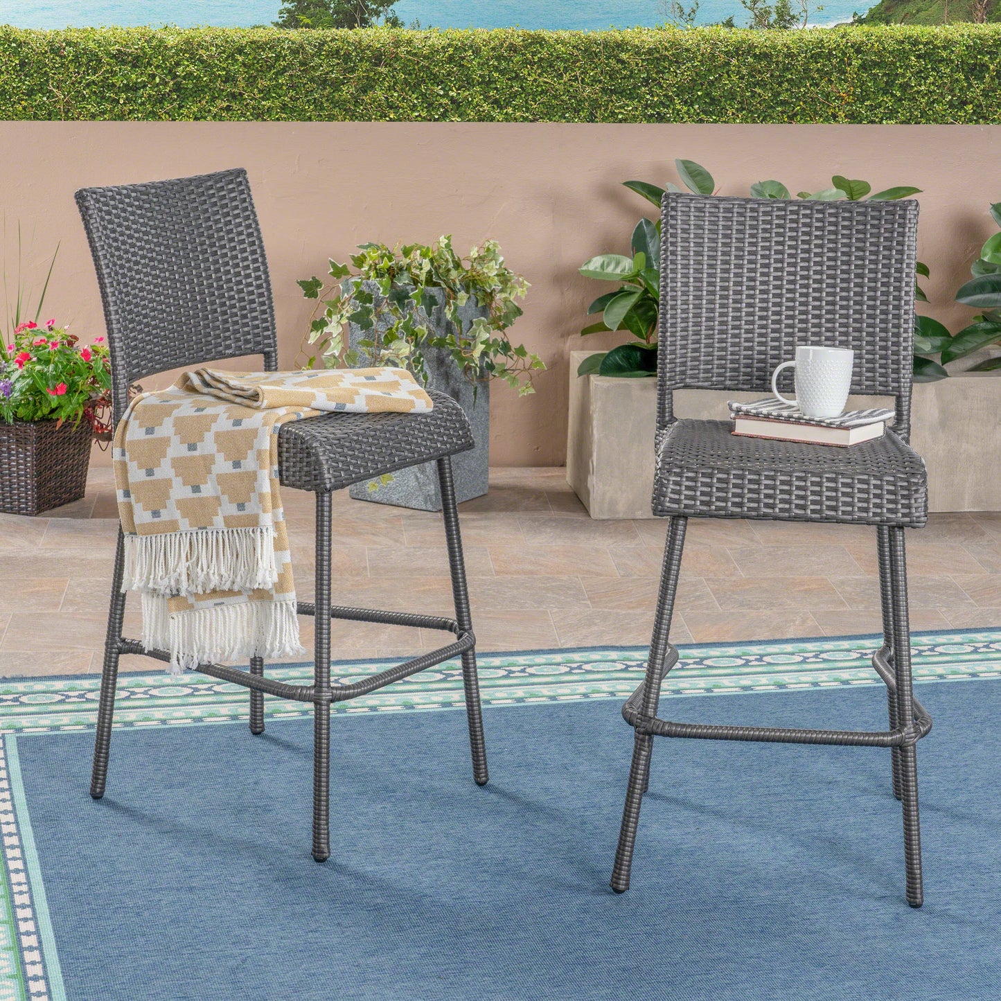 29" Outdoors PE Rattan Armless Barstools, Set of 2