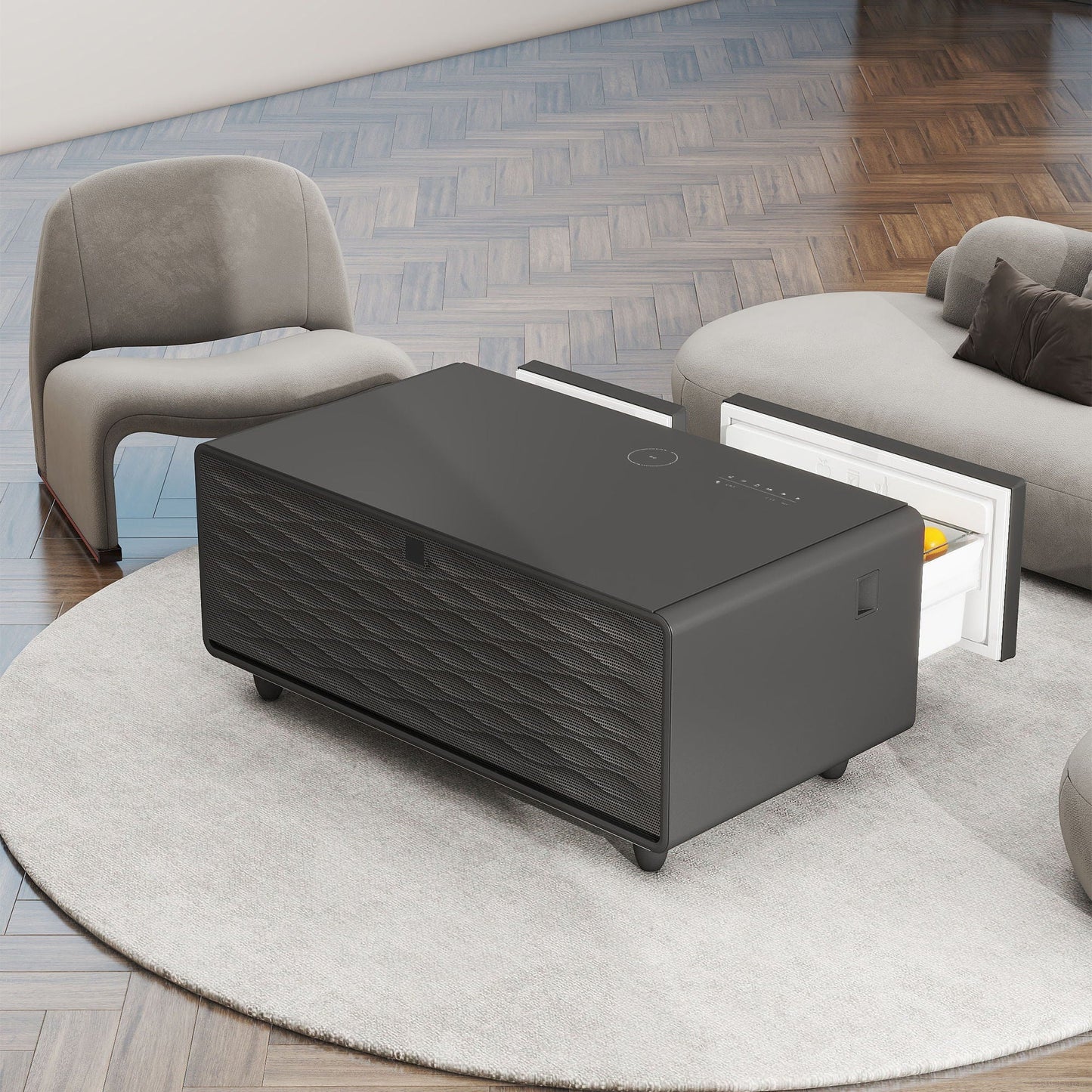 Modern Smart Coffee Table With Built-In Fridge - tooth Speaker, Wireless Charging, Touch Control Panel, USB Interface, Outlet Protection, Atmosphere Light