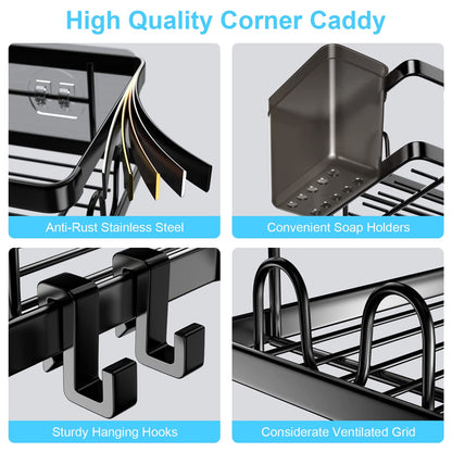 2Pcs Corner Shower Caddy Anti-Rust Soap Holder Hanging Hook No Drilling Adhesive Shower Organizer Corner Shelves Bathroom Kitchen