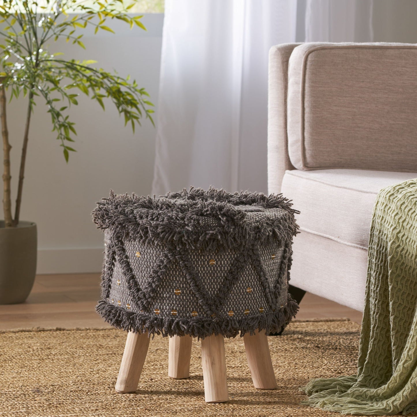 Roja Handcrafted Wool & Cotton Foot Stool with Eucalyptus Wood Frame - Dark Brown