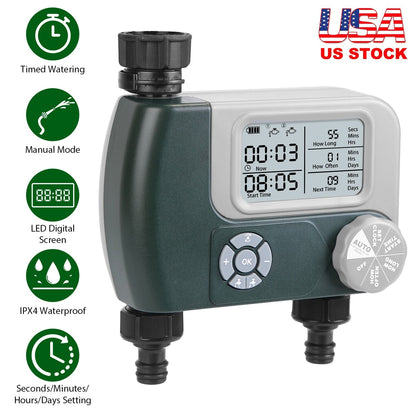 Sprinkler Timer with 2 Outlet Zones Digital Programmable Hose Faucet Timer Manual Automatic Watering Intelligent Drip Irrigation System for Garden Yar