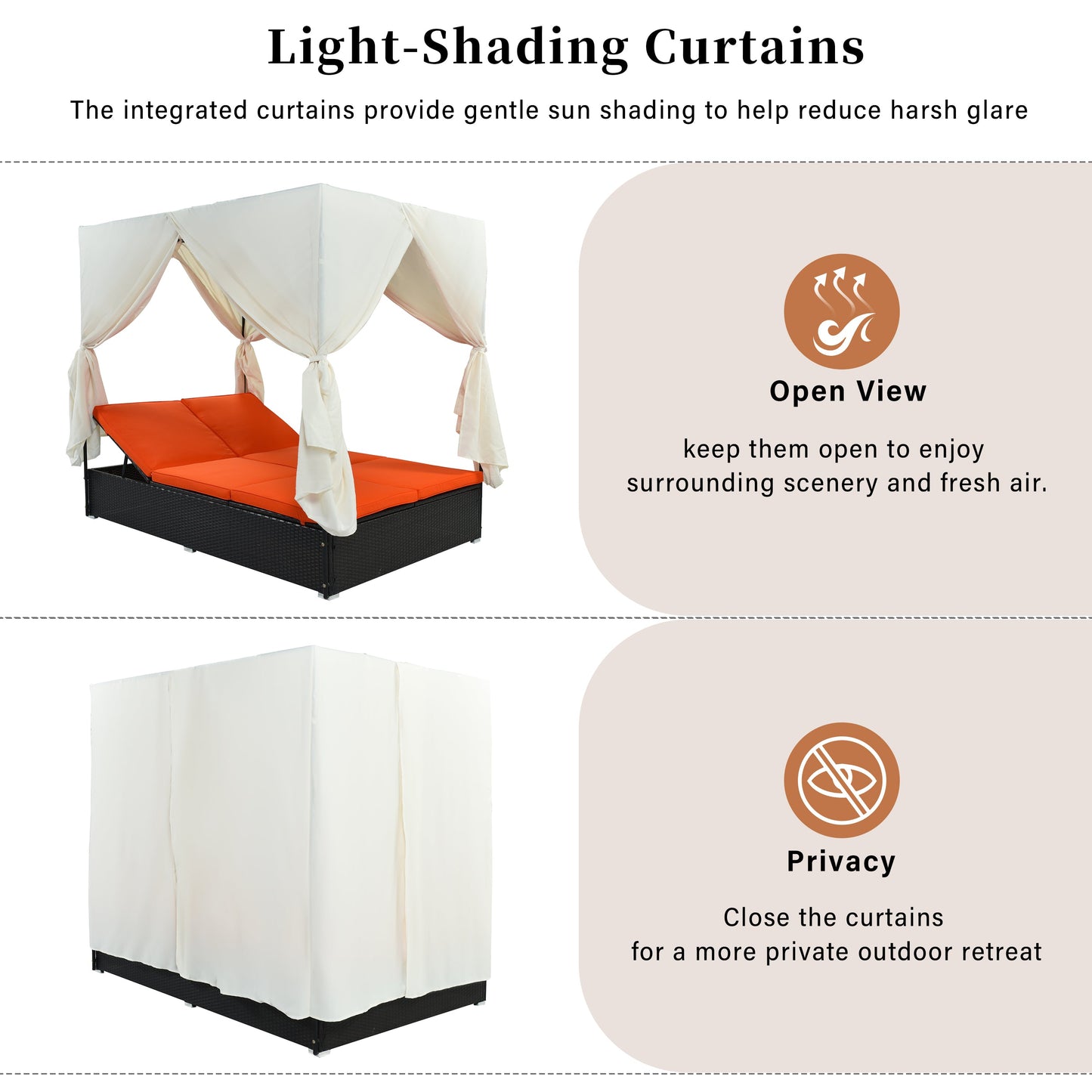 U_STYLE Outdoor Double Chaise Lounge Daybed with Curtains