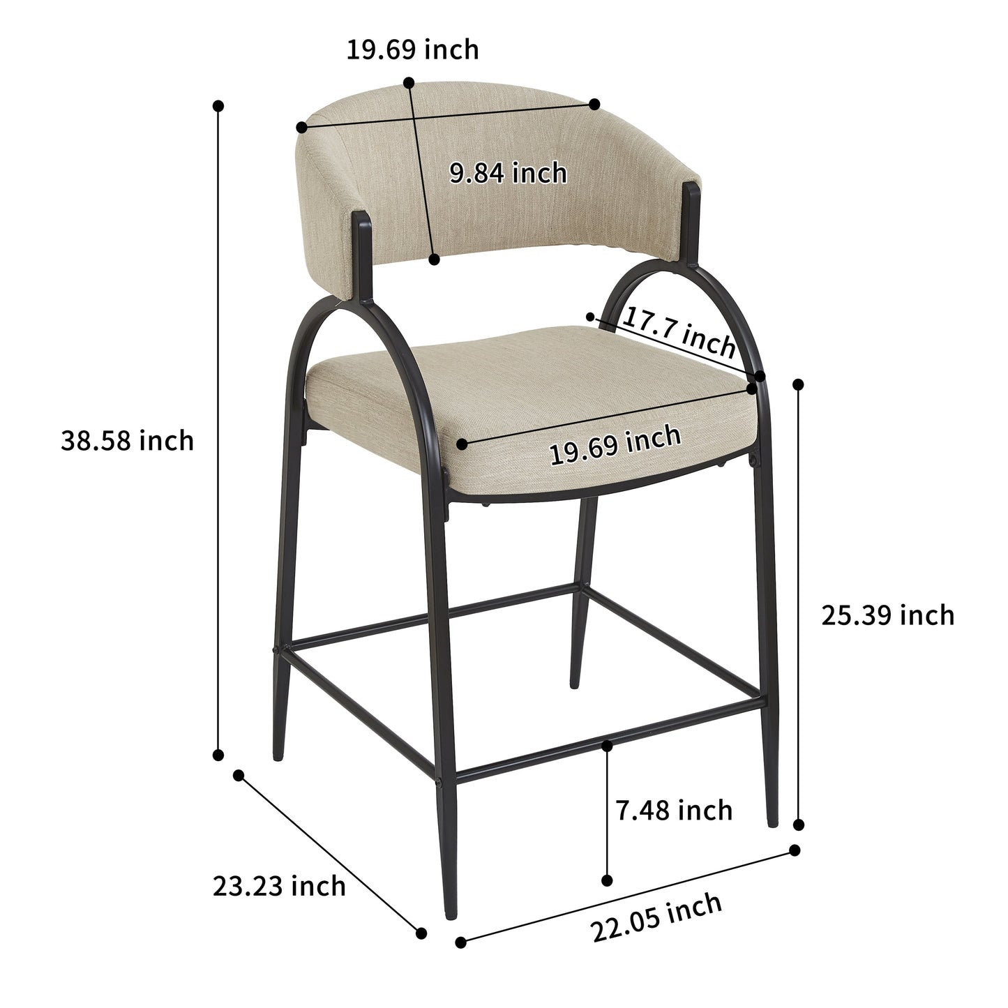 25'' Seat Height Modern Fabric Bar Stools with Back