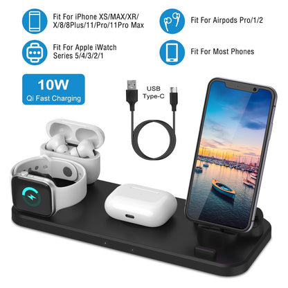 6 In 1 Qi Wireless Charger 10W Fast Charging Station Fit For iWatch 5/4/3/2/1 Airpods Pro/1/2 IOS phone Xs/MAX/XR/X/8/8Plus/11/Pro/11Pro max Galaxy No