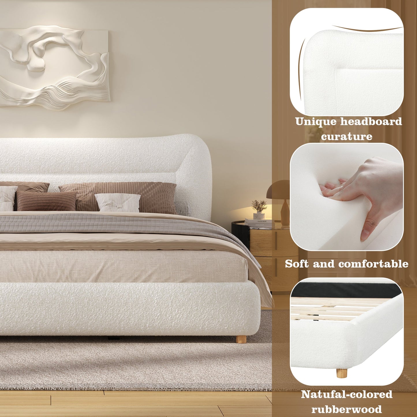 Minimalist Curved Headboard Teddy Bear Plush Bed - King