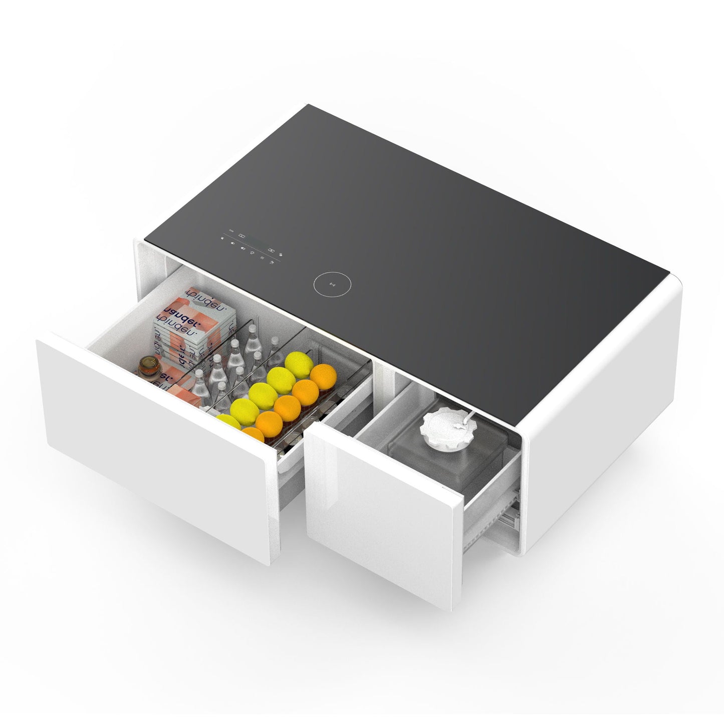 Modern Smart Coffee Table With Built-In Fridge - tooth Speaker, Wireless Charging, Touch Control Panel, USB Interface, Outlet Protection, Atmosphere Light