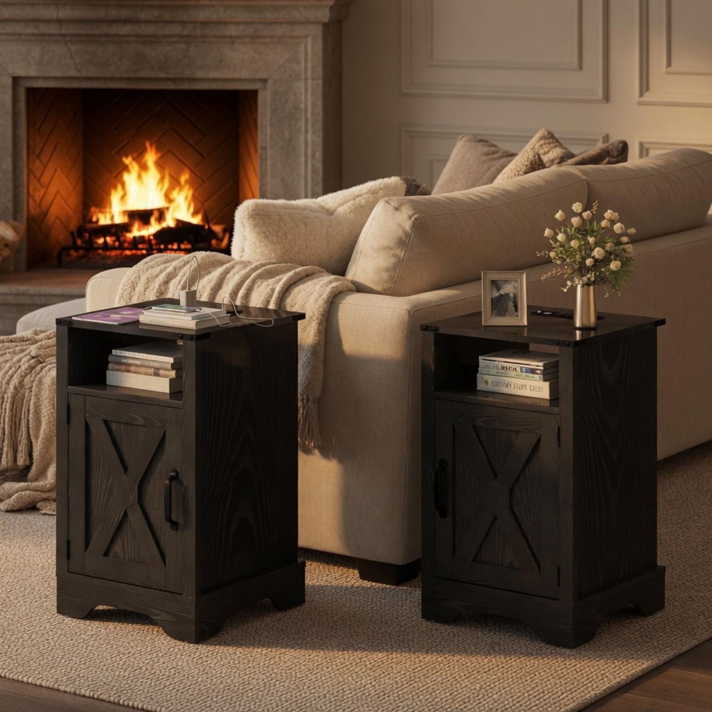 Farmhouse Nightstand, Charging Station & Storage