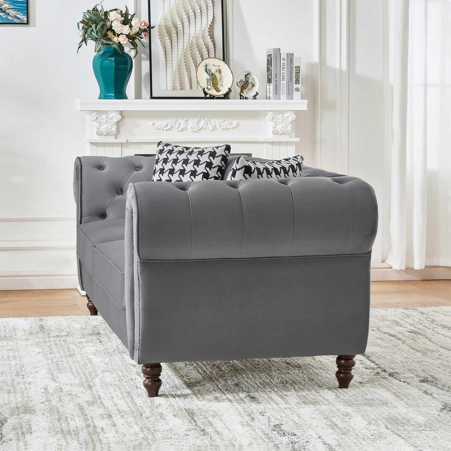 Chesterfield Upholstery Fabric Sofa With Roll Armrest & Nailhead, Mid Century Modern 3 And 3 Seater Couch