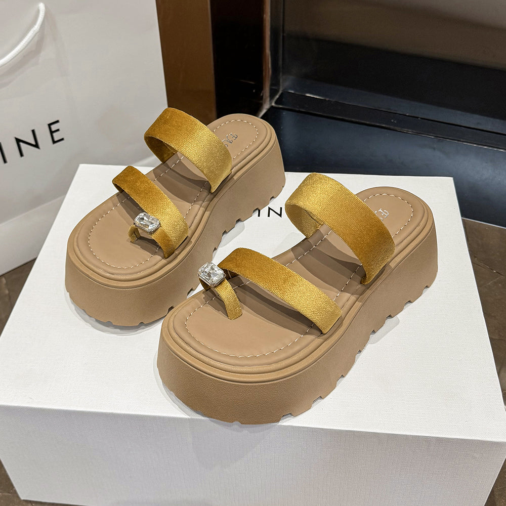 2026 Summer French Rhinestone Platform Slide Sandals, Toe Post Chunky Sole Fairy Style Casual Versatile Beach Slippers