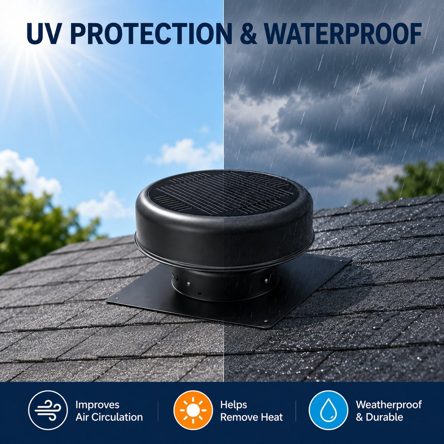 12" Flush Mount Round Solar Roof Vent Fan, 30W Dual Power