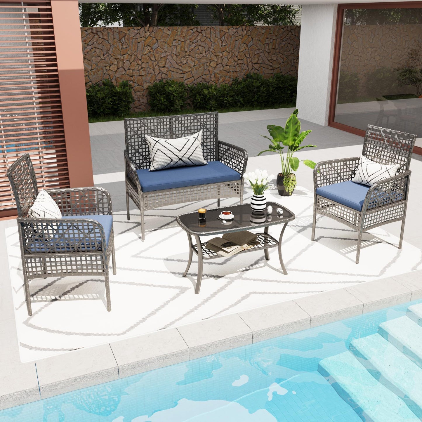 4 Pieces Rattan Wicker Chairs With Tempered Glass Table And Cushions