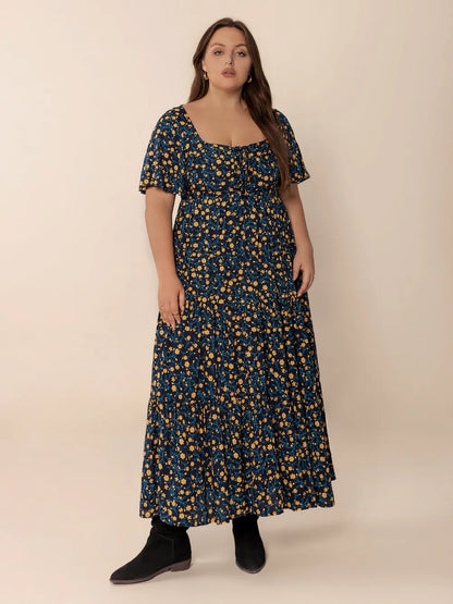 Printed Short Sleeve Slit Tiered Maxi Dress