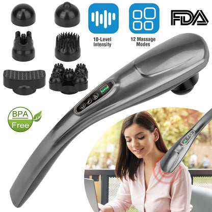 Cordless Handheld Back Massager Deep Tissue Rechargeable Electric Massager w/ 12 Modes 10 Intensity 6 Interchangeable Nodes For Muscle Foot Neck Shoul