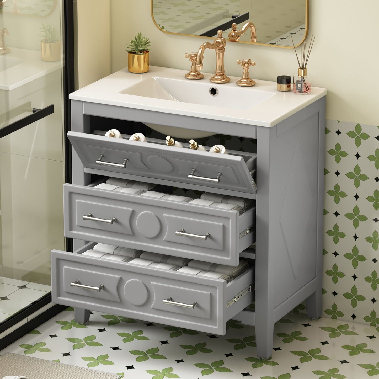 Retro Bathroom Vanity With Sink Combo, Free Standing Single Set With 3 Drawers