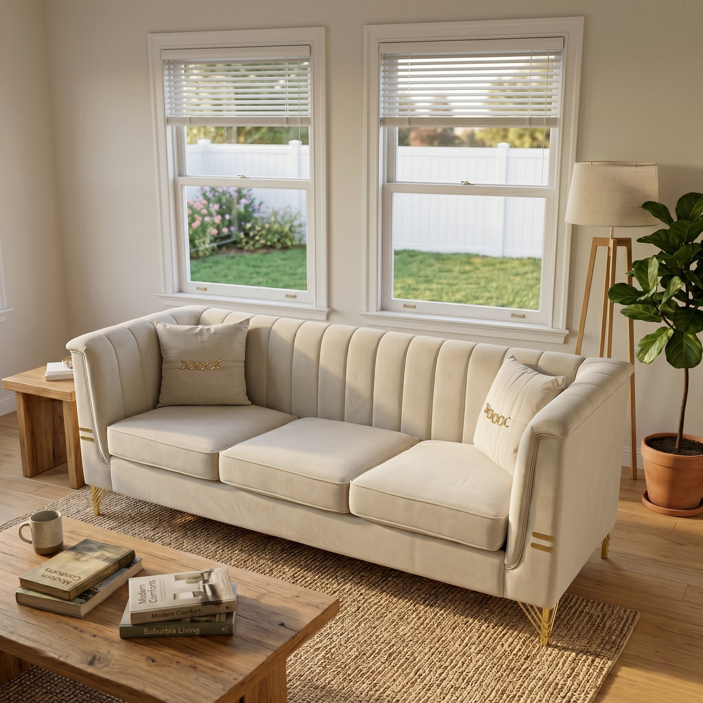 FX-P82-BE3 Modern Velvet 3-Seater Chesterfield Sofa with 2 Pillows