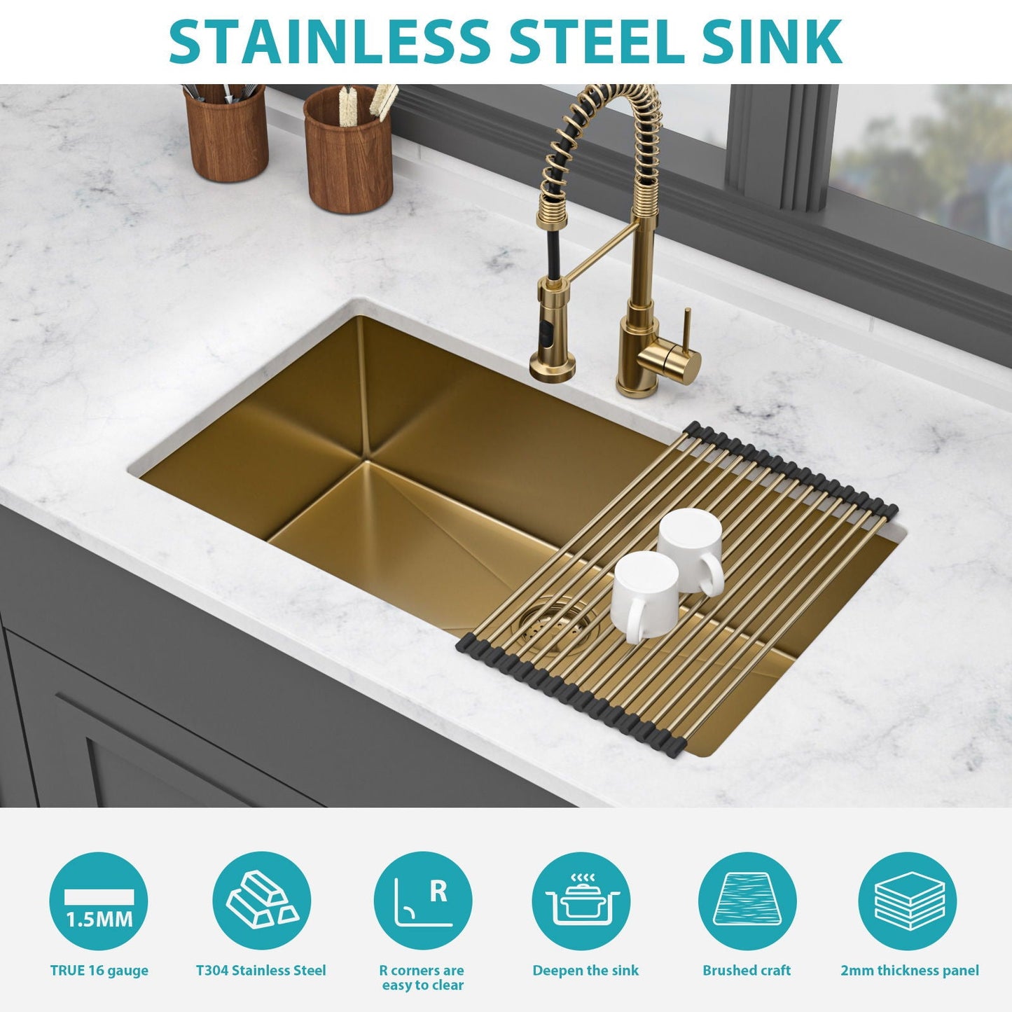 Finish Undermount Stainless Steel Kitchen Sink 32" X 19" 16 Gauge Deep Single Bowl