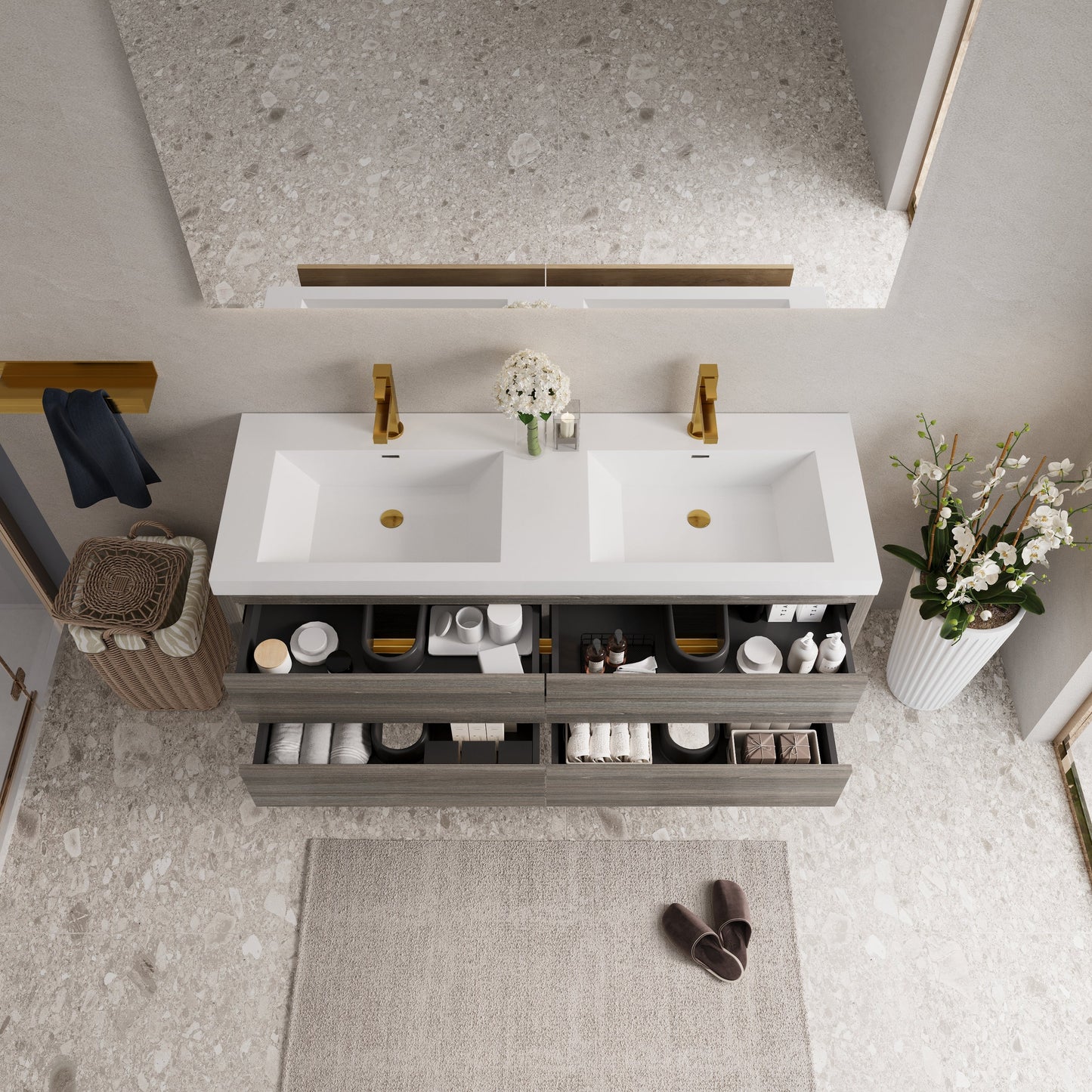60" Wall-Mounted Bathroom Vanity with Double Sinks and Floating Storage