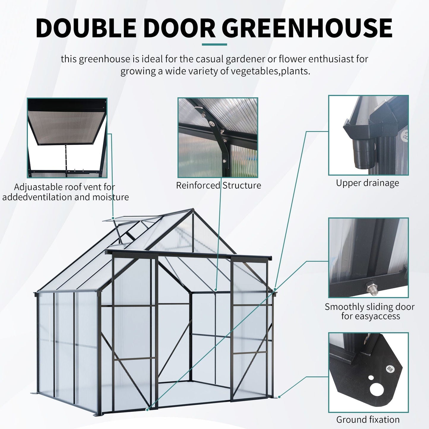 Double Door Polycarbonate house Raised Base And Anchor Aluminum Heavy Duty Walk In houses For Outdoor Backyard In All Season